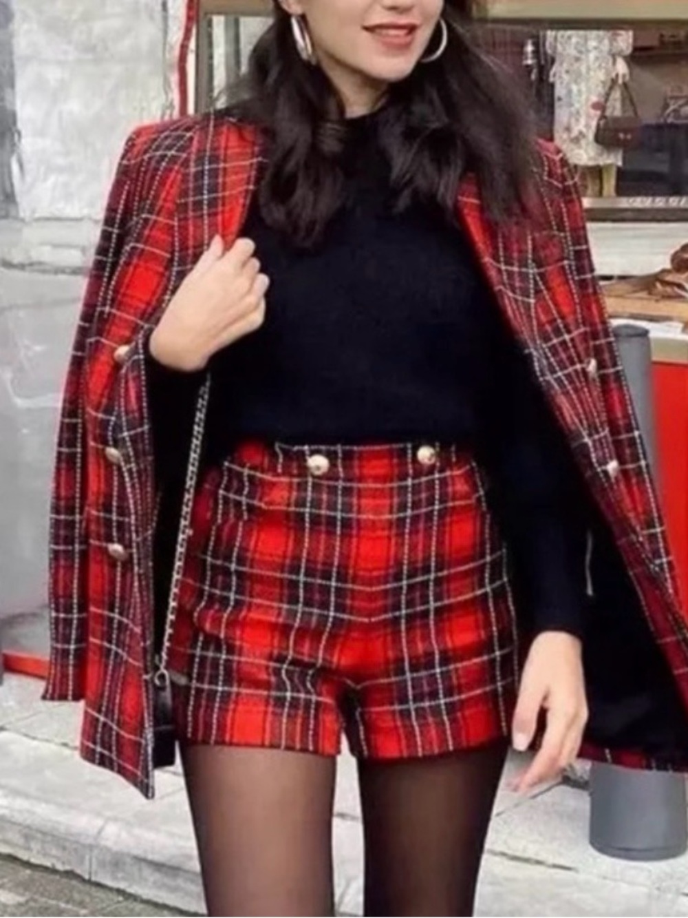 ZARA HIGH-WAISTED WOOL BLEND PLAID TWEED SHORTS RED + GOLD BUTTONS
